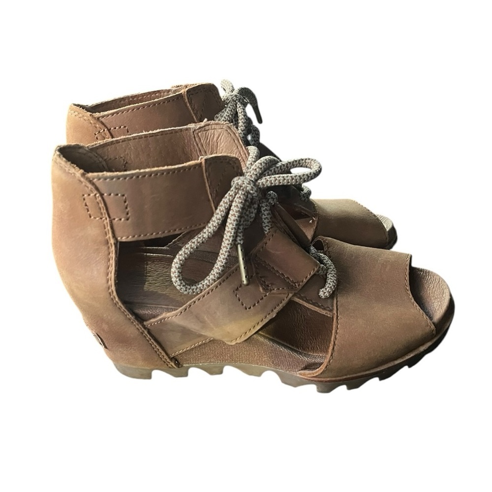 Sorel Joanie Tan Leather Lace Up Ankle Wedge Heels Sandals Shoes Women’s Sz 6